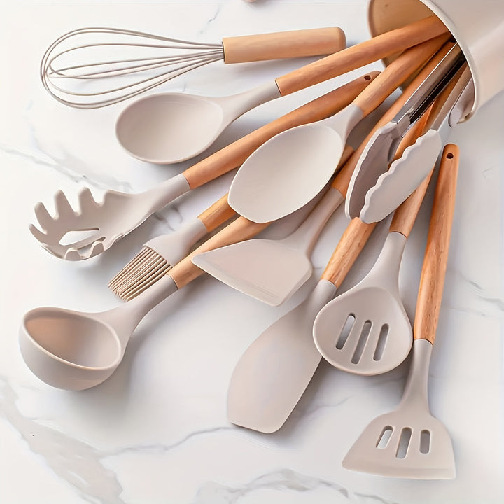 Minimalist Silicone and Wood Utensil Set