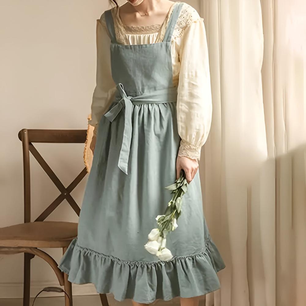 Rustic Ruffled Linen Apron With Adjustable Waist Tie