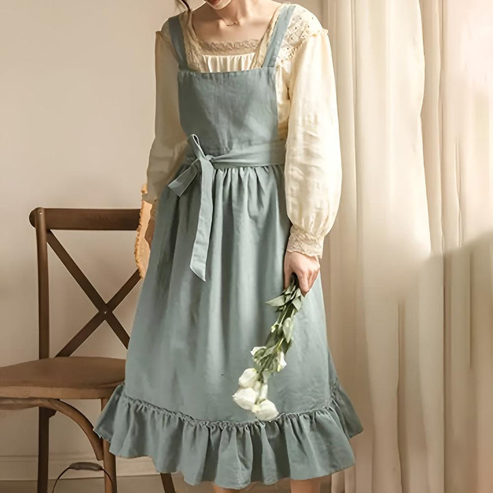 Rustic Ruffled Linen Apron With Adjustable Waist Tie