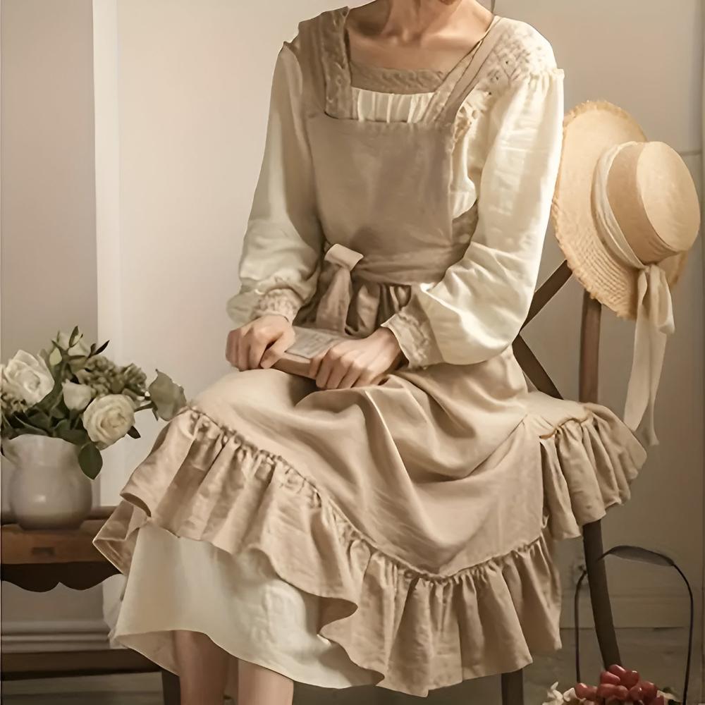 Rustic Ruffled Linen Apron With Adjustable Waist Tie