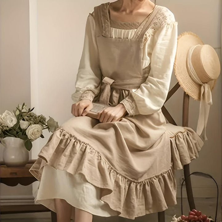 Rustic Ruffled Linen Apron With Adjustable Waist Tie