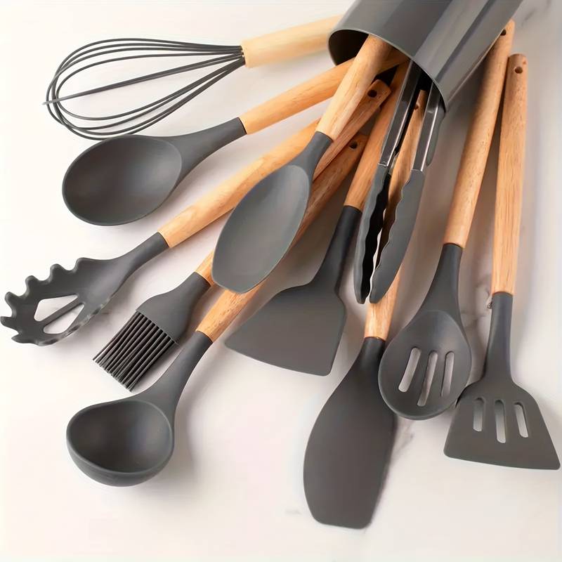 Minimalist Silicone and Wood Utensil Set