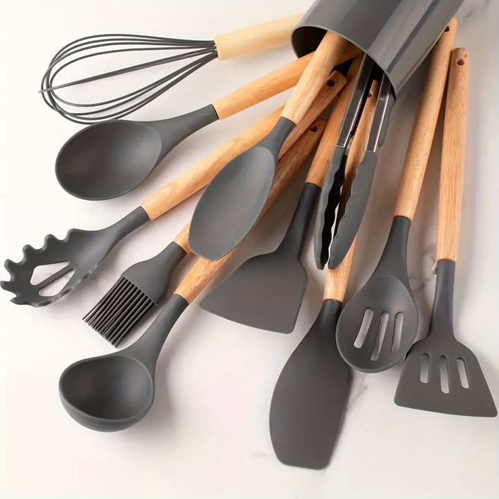Minimalist Silicone and Wood Utensil Set