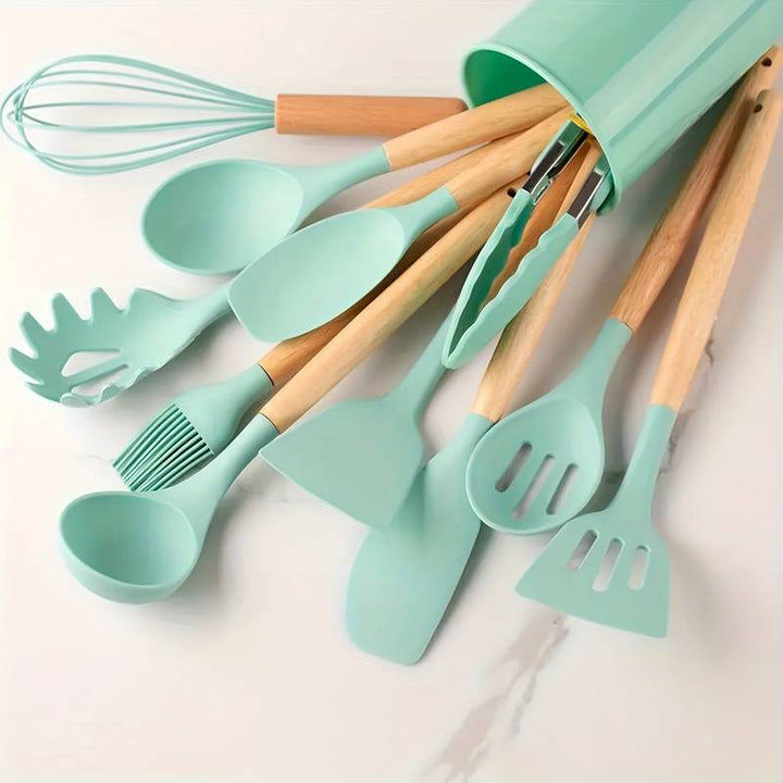 Minimalist Silicone and Wood Utensil Set