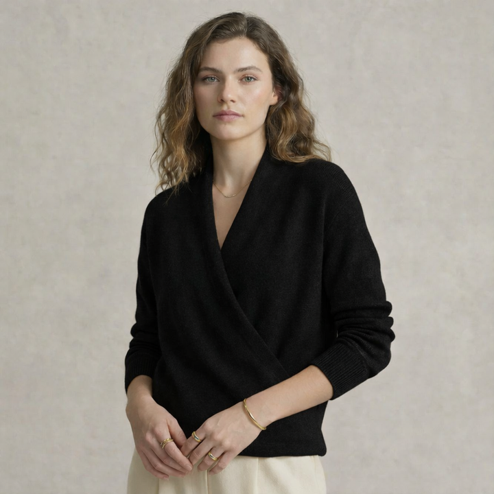 Isla Relaxed Wrap Sweater | Ribbed V-Neck Hip-Length Sweater