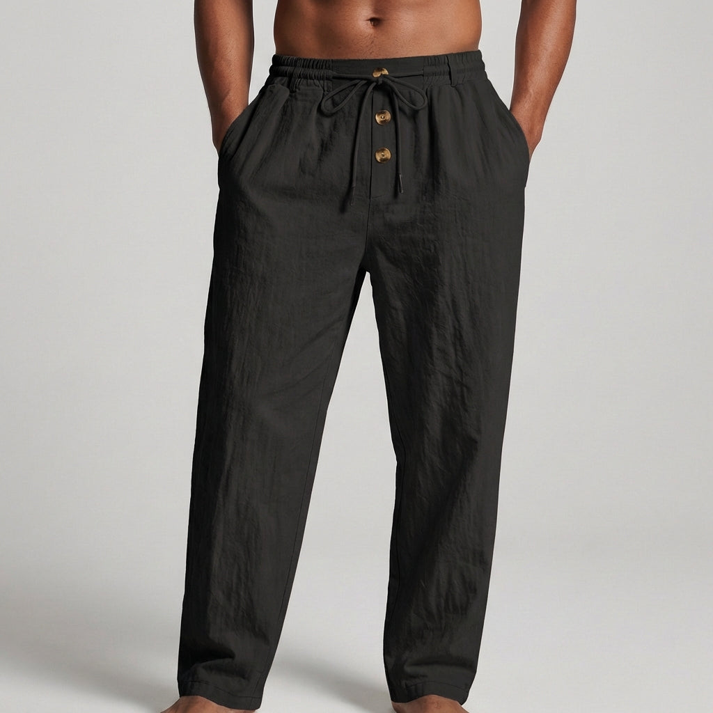 Wide-Leg Drawstring Trousers with Textured Fabric and Button Detail