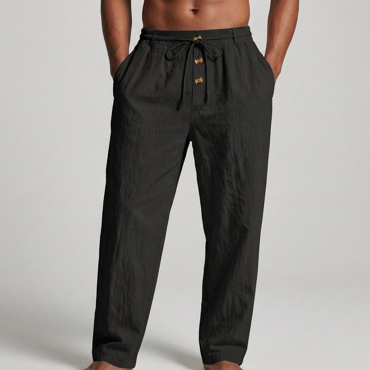 Wide-Leg Drawstring Trousers with Textured Fabric and Button Detail