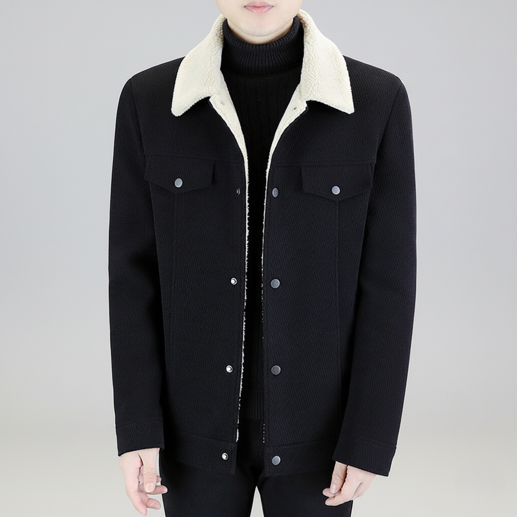 Men’s Sherpa-Lined Jacket – Textured Wool Look – Snap Button Closure – Warm Winter Layer