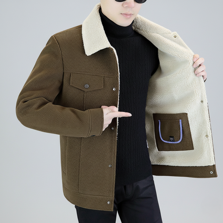 Men’s Sherpa-Lined Jacket – Textured Wool Look – Snap Button Closure – Warm Winter Layer