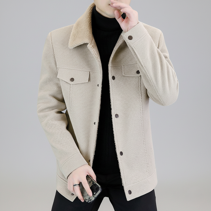 Men’s Sherpa-Lined Jacket – Textured Wool Look – Snap Button Closure – Warm Winter Layer