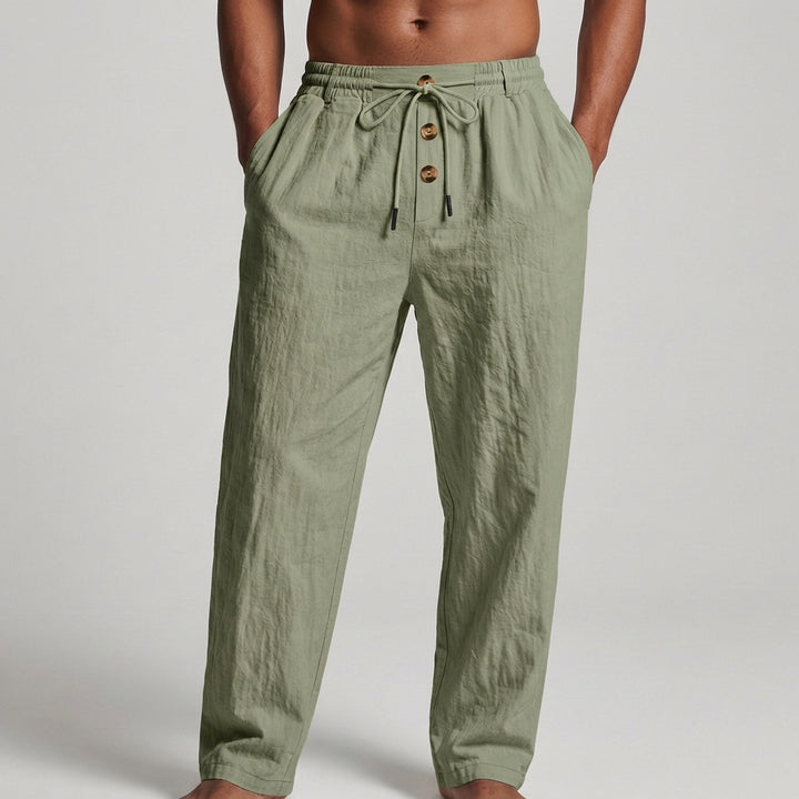 Wide-Leg Drawstring Trousers with Textured Fabric and Button Detail