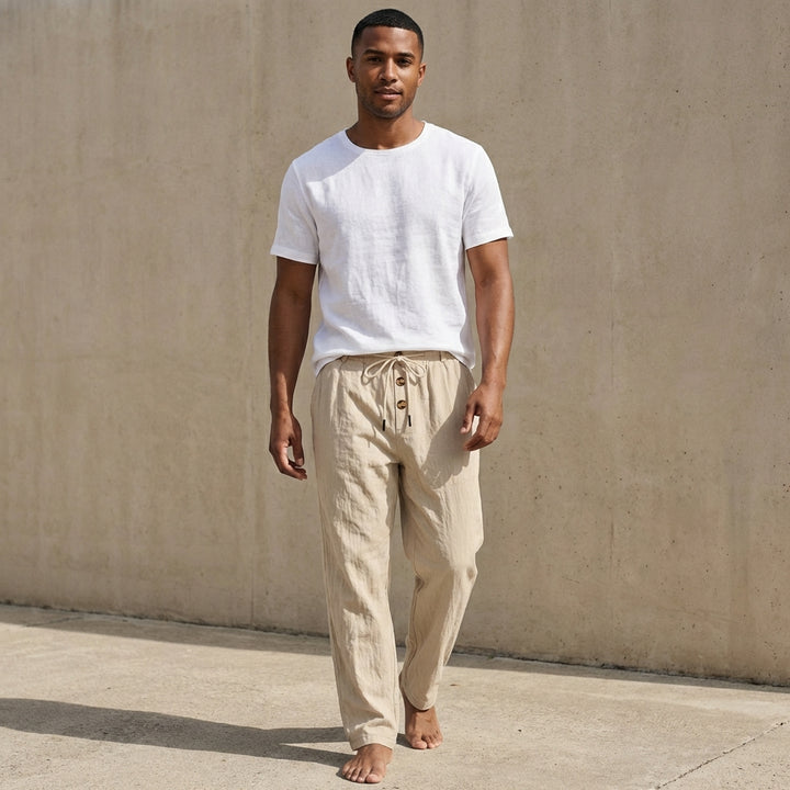 Wide-Leg Drawstring Trousers with Textured Fabric and Button Detail