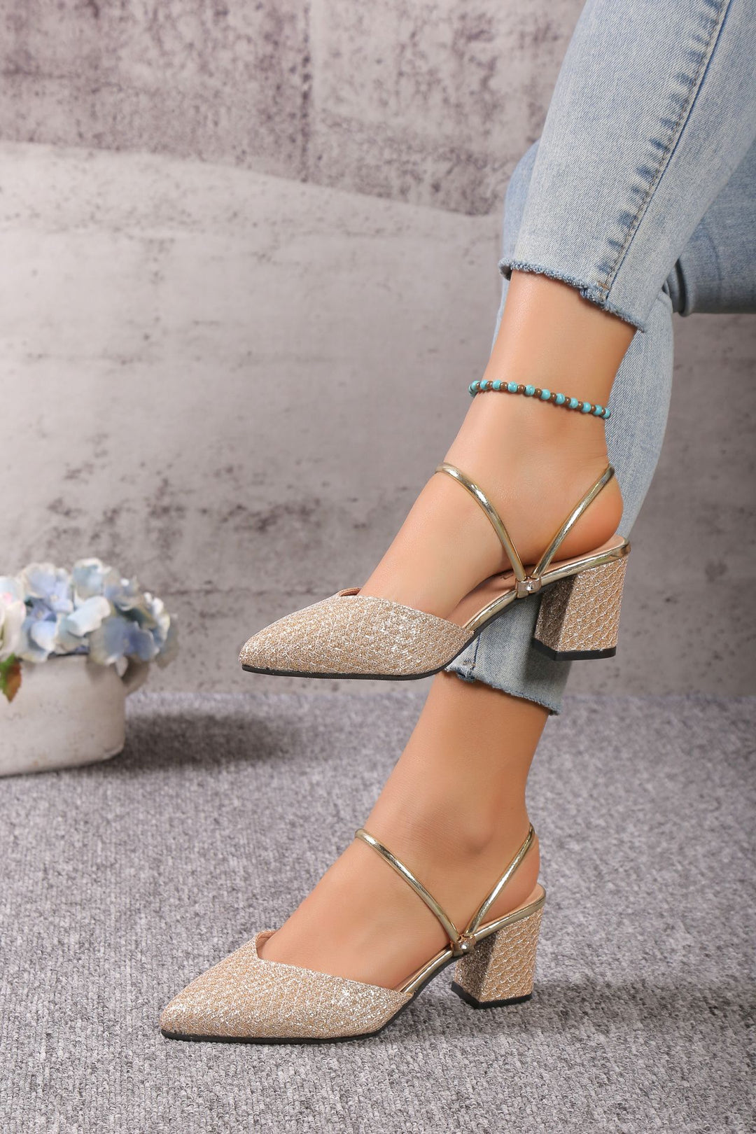 Ayla Block Heel Mules - Pointed Toe Slip-On - Elegant Strap Sandals
