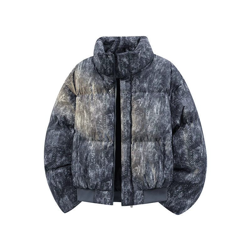 Men’s Puffer Jacket – High Collar – Textured Camo Effect – Warm Quilted Design