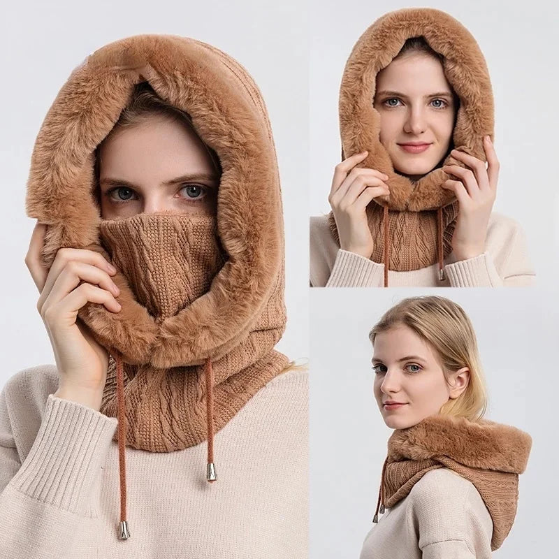 Aurora Cable Knit Balaclava | Fur Trim Drawstring Balaclava