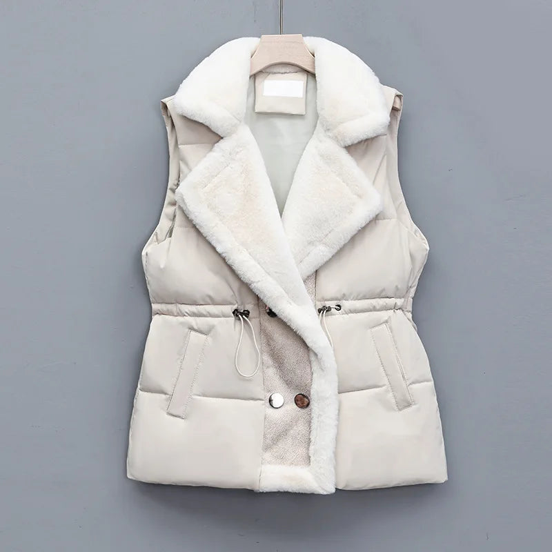 Isla Quilted Collared Puffer Vest | Fur Trim Drawstring Vest