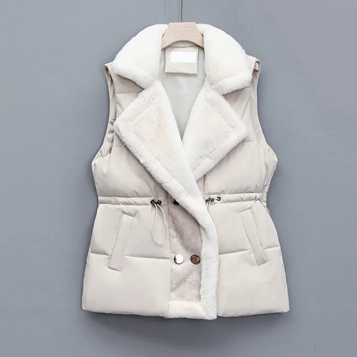 Isla Quilted Collared Puffer Vest | Fur Trim Drawstring Vest