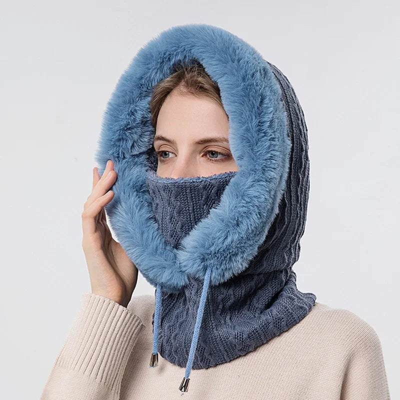 Aurora Cable Knit Balaclava | Fur Trim Drawstring Balaclava