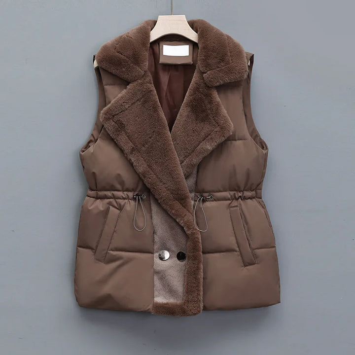 Isla Quilted Collared Puffer Vest | Fur Trim Drawstring Vest