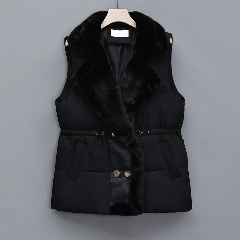 Isla Quilted Collared Puffer Vest | Fur Trim Drawstring Vest