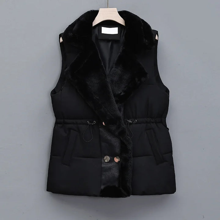 Isla Quilted Collared Puffer Vest | Fur Trim Drawstring Vest