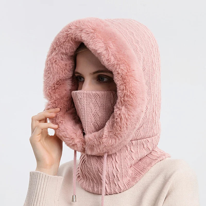 Aurora Cable Knit Balaclava | Fur Trim Drawstring Balaclava