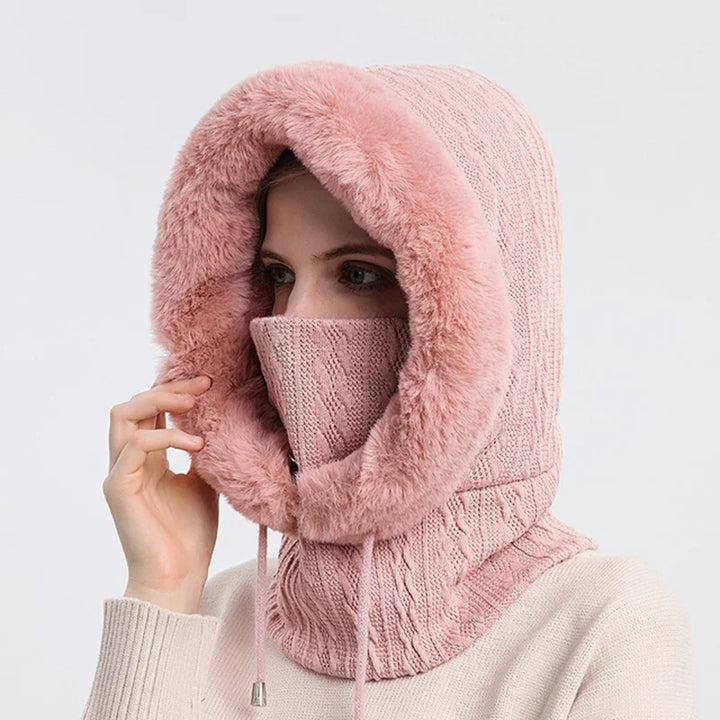 Aurora Cable Knit Balaclava | Fur Trim Drawstring Balaclava
