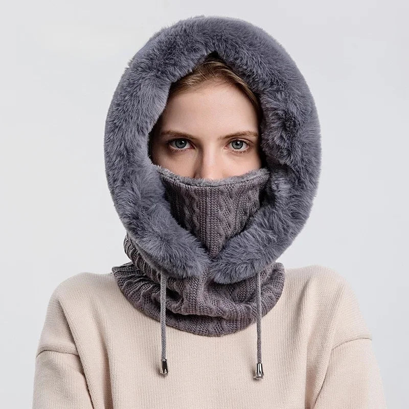 Aurora Cable Knit Balaclava | Fur Trim Drawstring Balaclava