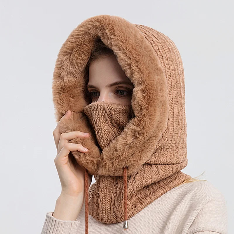 Aurora Cable Knit Balaclava | Fur Trim Drawstring Balaclava