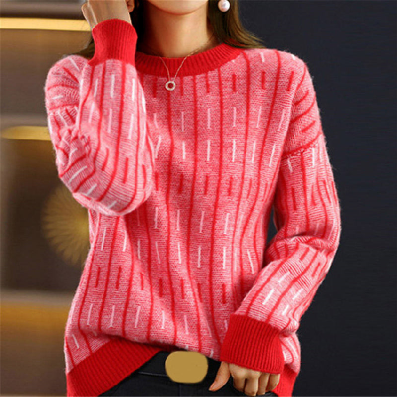 Florence Geometric Crewneck Pullover Sweater | Relaxed Fit Hip-Length Sweater