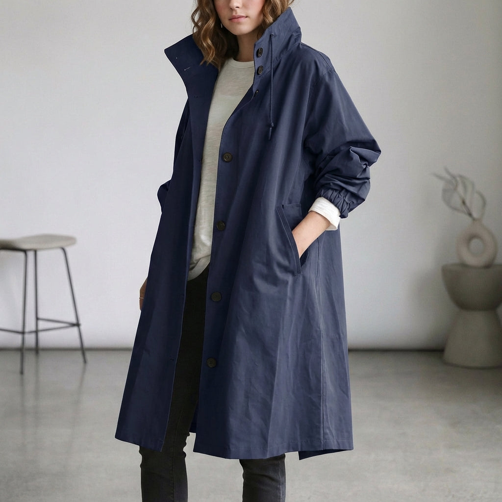 Arline Relaxed Waterproof Trench Coat with Hooded High Collar and Ruched Cuffs