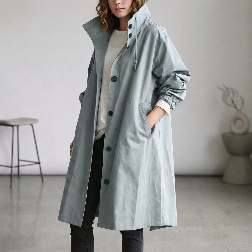 Arline Relaxed Waterproof Trench Coat with Hooded High Collar and Ruched Cuffs