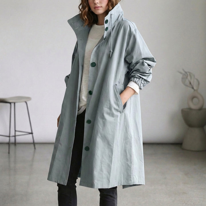 Arline Relaxed Waterproof Trench Coat with Hooded High Collar and Ruched Cuffs