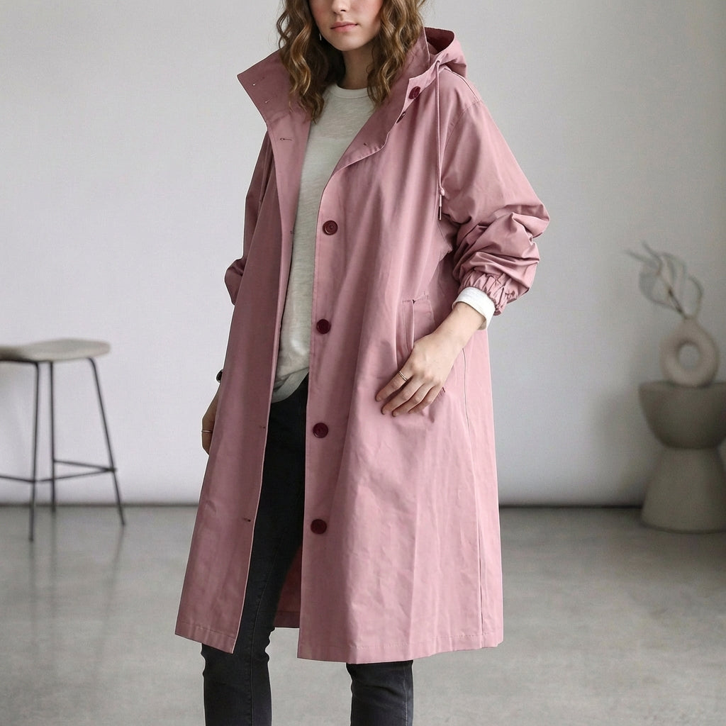 Arline Relaxed Waterproof Trench Coat with Hooded High Collar and Ruched Cuffs