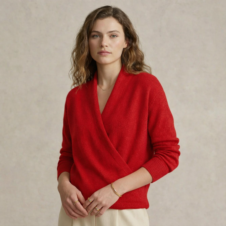 Isla Relaxed Wrap Sweater | Ribbed V-Neck Hip-Length Sweater