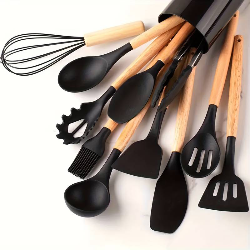 Minimalist Silicone and Wood Utensil Set
