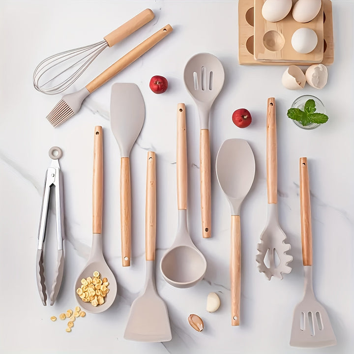Minimalist Silicone and Wood Utensil Set
