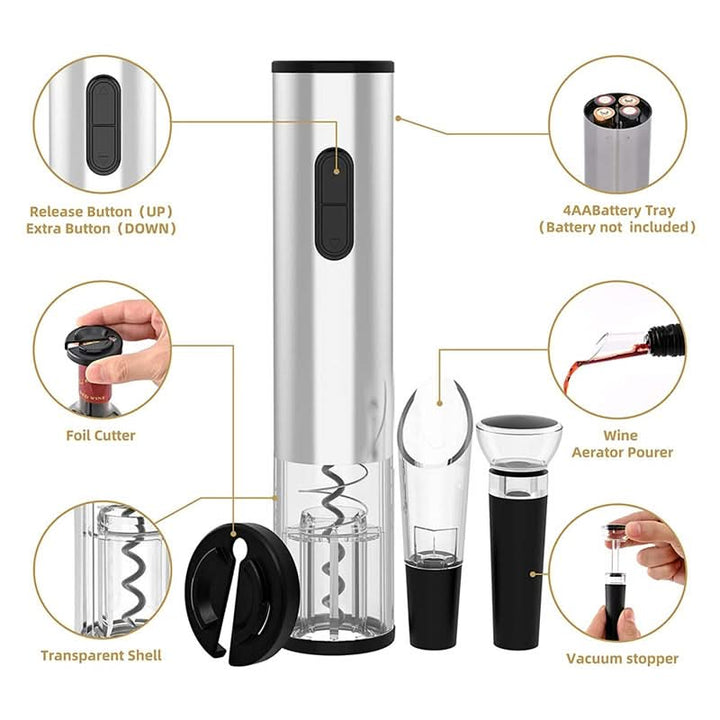 Electric Wine Opener Set With Stainless Steel Finish and Charging Base